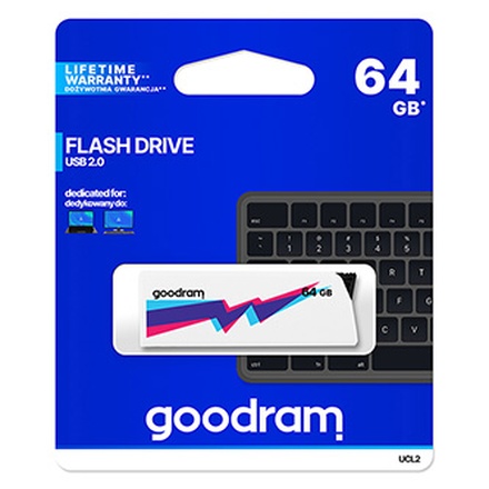 Papírenské zboží - Goodram USB flash disk, USB 2.0, 64GB, UCL2, bílý, UCL2-0640W0R11, USB A, s výsuvným kone